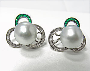 South Sea Pearl Diamond and Emerald Huggie Earrings 18K