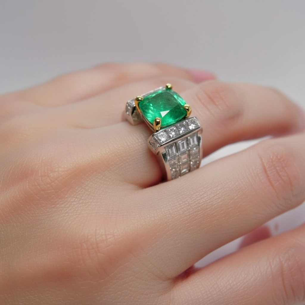 7.56ct Fine Natural Colombian Emerald Diamond Ring Unisex 18K