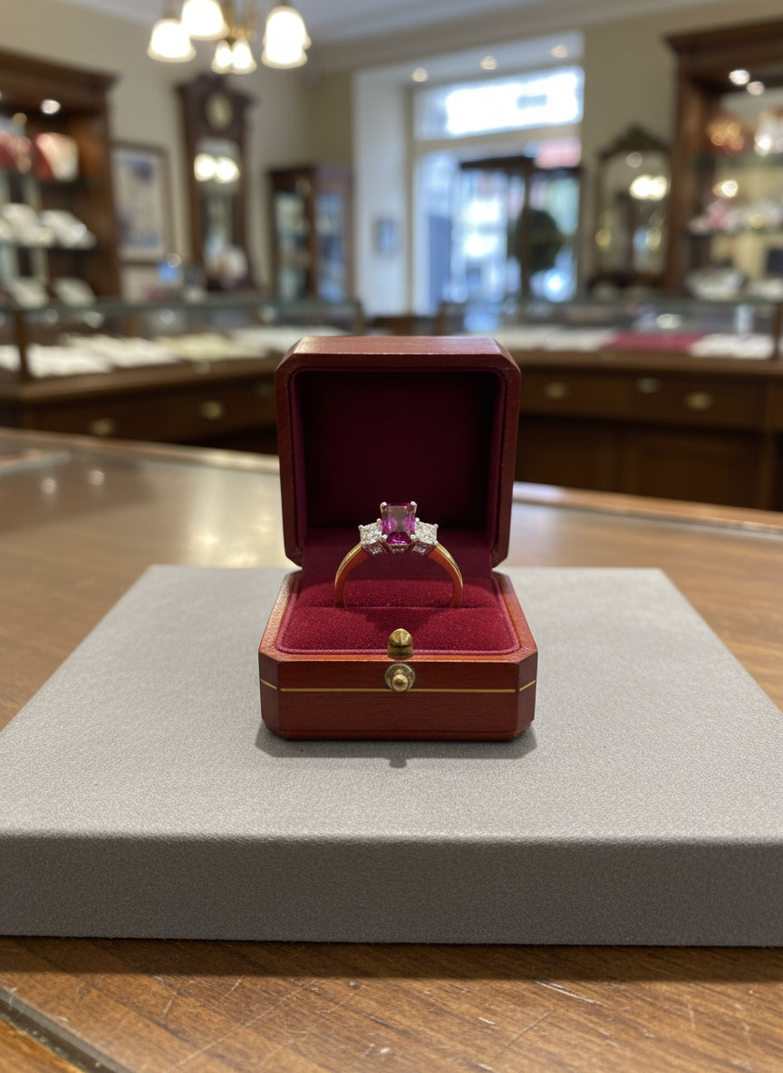 Unheated Emerald Cut Ruby Diamond Engagement Ring 18K Yellow Gold