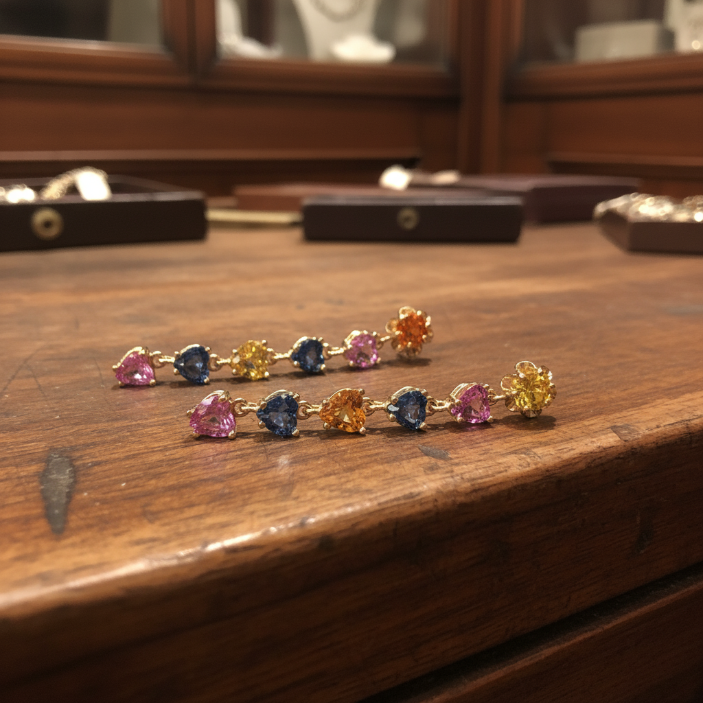 Dangle Sapphire Multi-Color Heart Cut Drop Earrings Gold