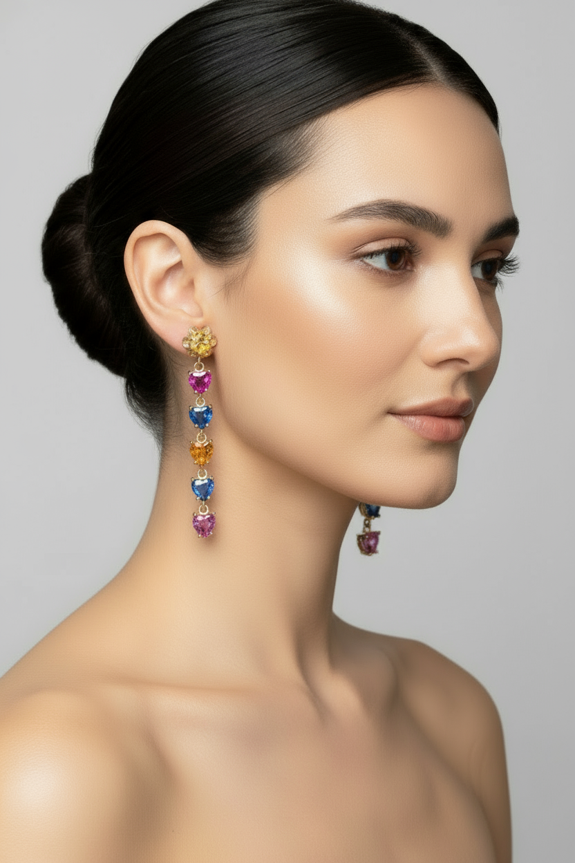 Dangle Sapphire Multi-Color Heart Cut Drop Earrings Gold