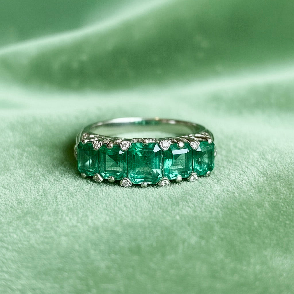 Five Stone Colombian Emerald Victorian Style Ring 18K