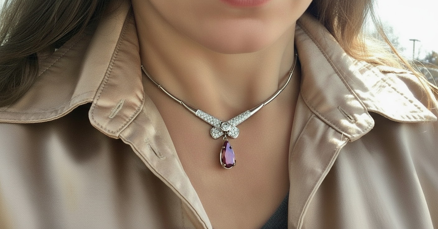 Natural Ruby Diamond Drop Necklace Estate 14 Karat White Gold