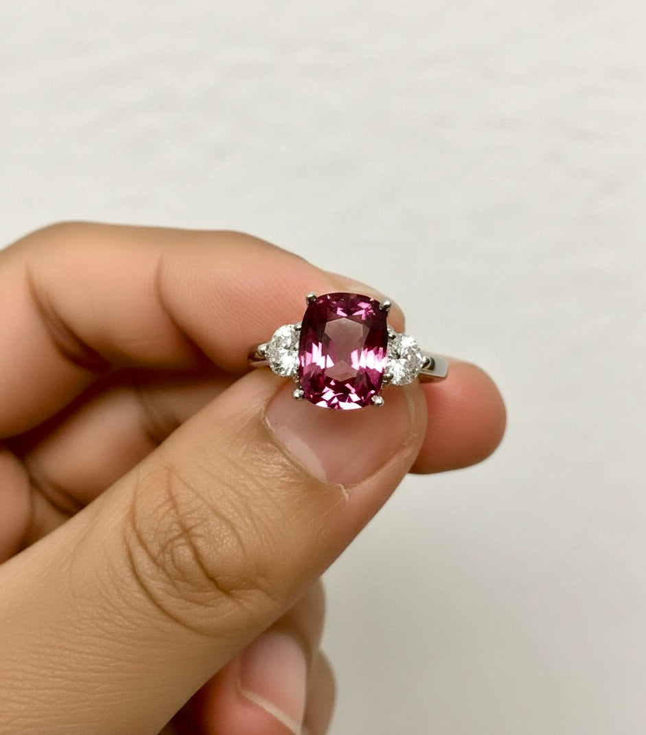 5.10 Carat Spinel and Diamond Three-Stone Platinum Ring