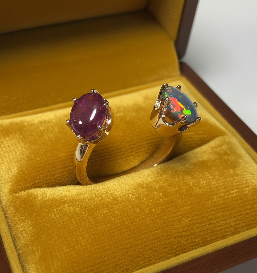 Floating Black Opla Star Ruby Open Shank Toi et Moi Ring Gold