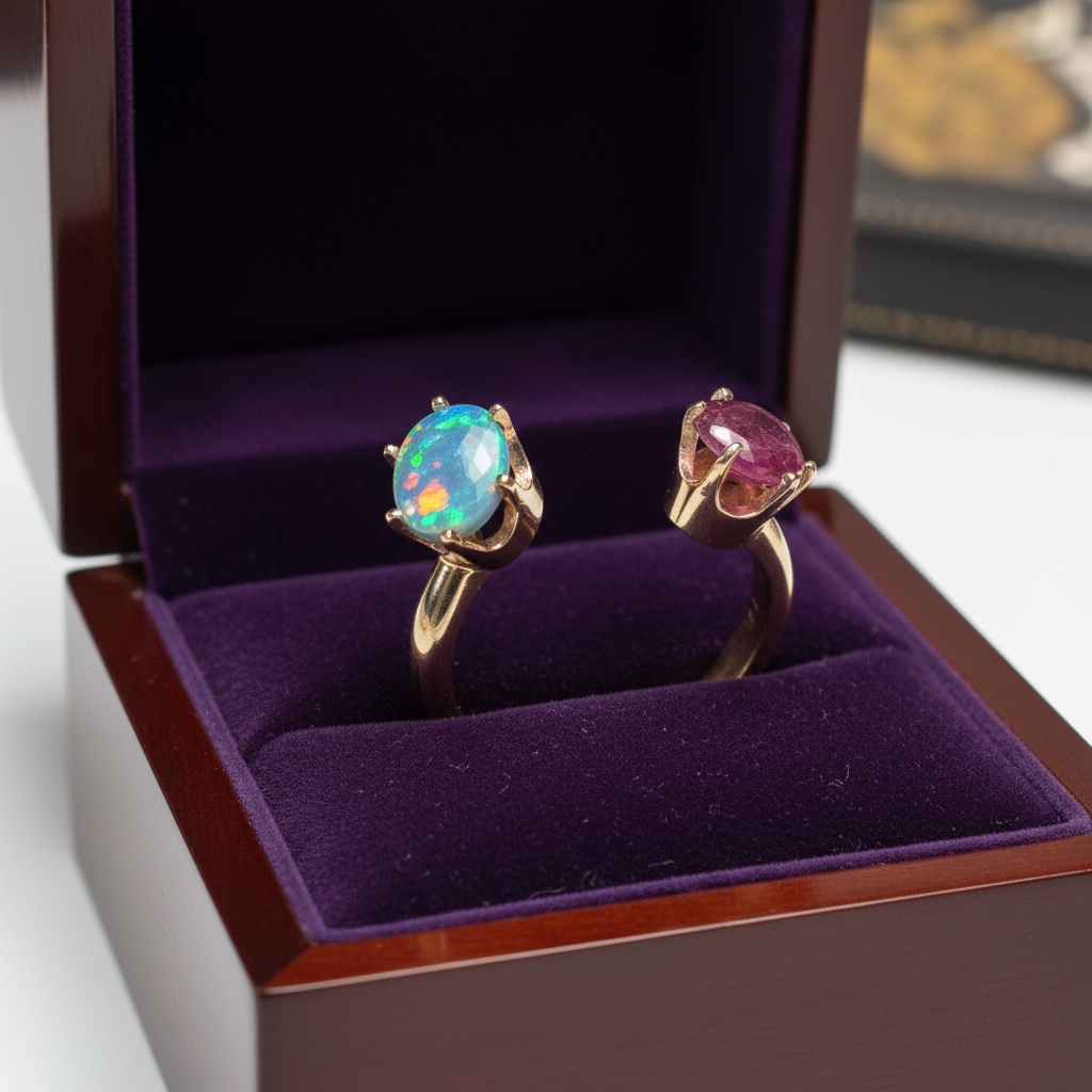 Floating Black Opla Star Ruby Open Shank Toi et Moi Ring Gold