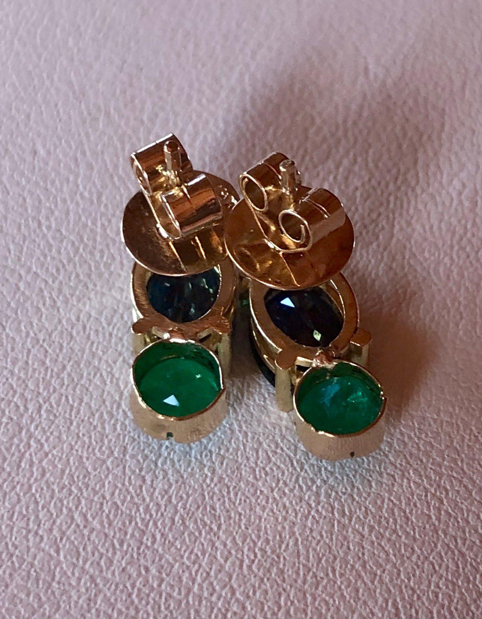 Blue Sapphire, and Colombian Emerald Stud Earrings 18K Yellow Gold