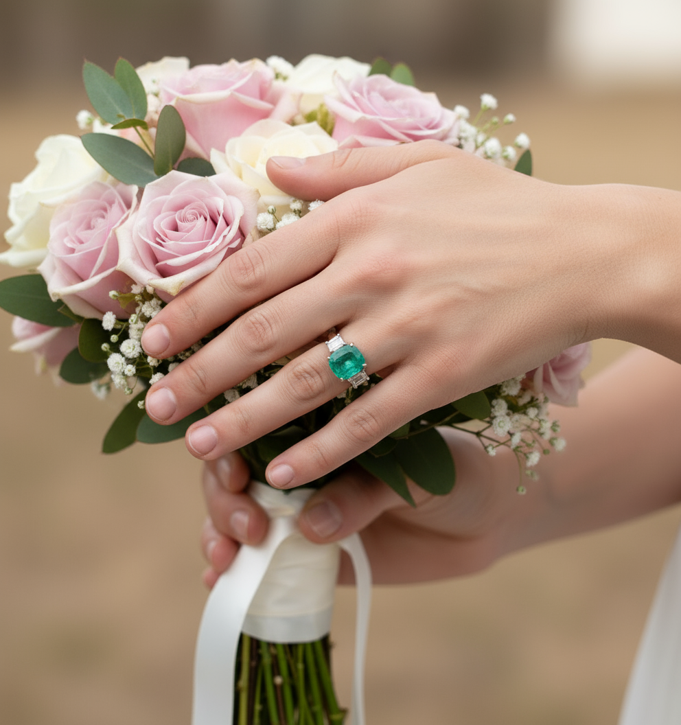 Fine Natural Cushion Colombian Emerald Diamond Ring 18 Karat