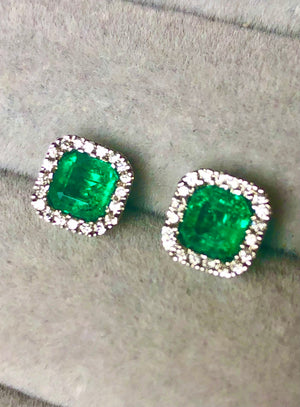 AAA Emerald Cut Colombian Emerald with Diamond Halo Stud Earrings