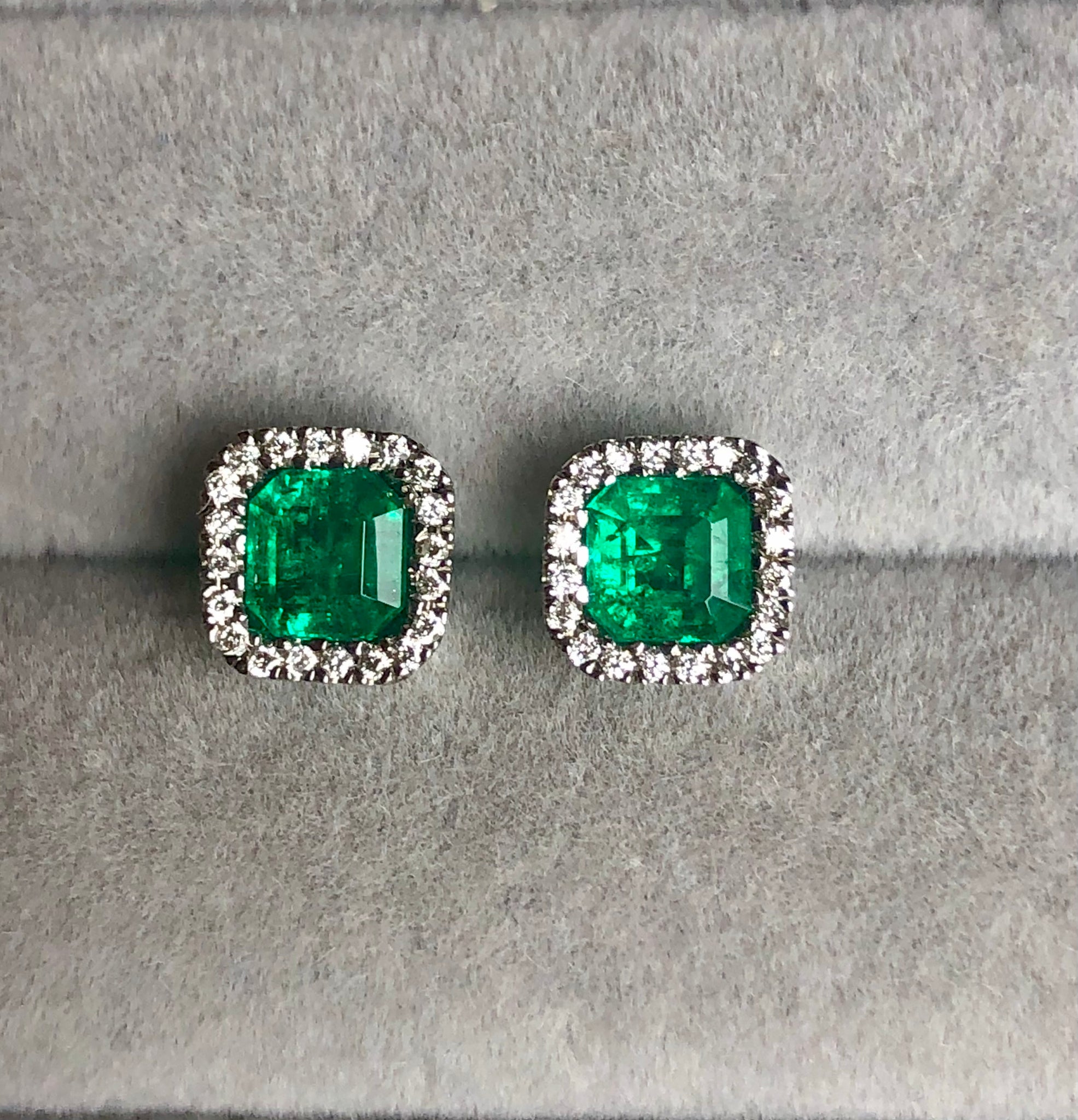 AAA Emerald Cut Colombian Emerald with Diamond Halo Stud Earrings