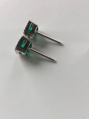 AAA Emerald Cut Colombian Emerald with Diamond Halo Stud Earrings