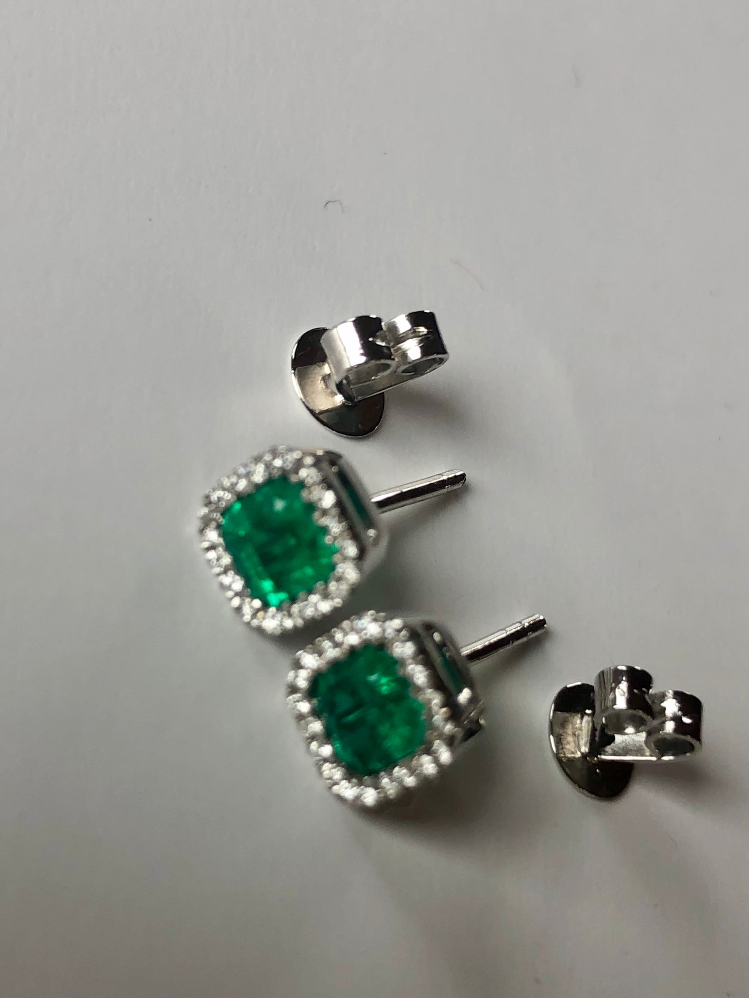 AAA Emerald Cut Colombian Emerald with Diamond Halo Stud Earrings