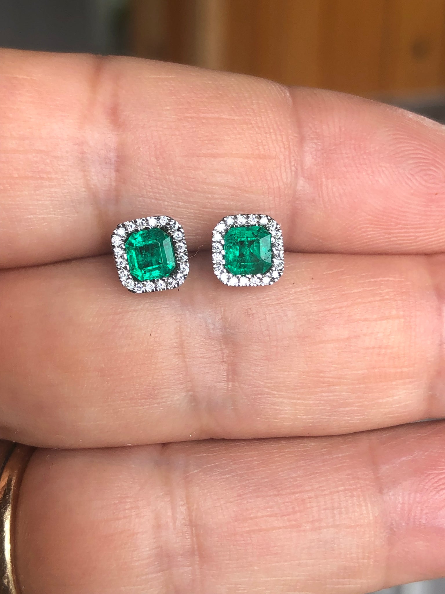 AAA Emerald Cut Colombian Emerald with Diamond Halo Stud Earrings