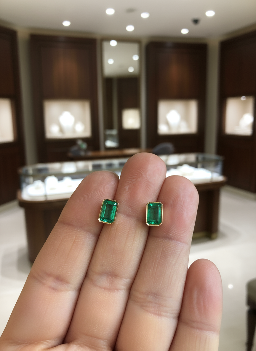 Natural Emerald Stud Earrings 18 Karat Yellow Gold