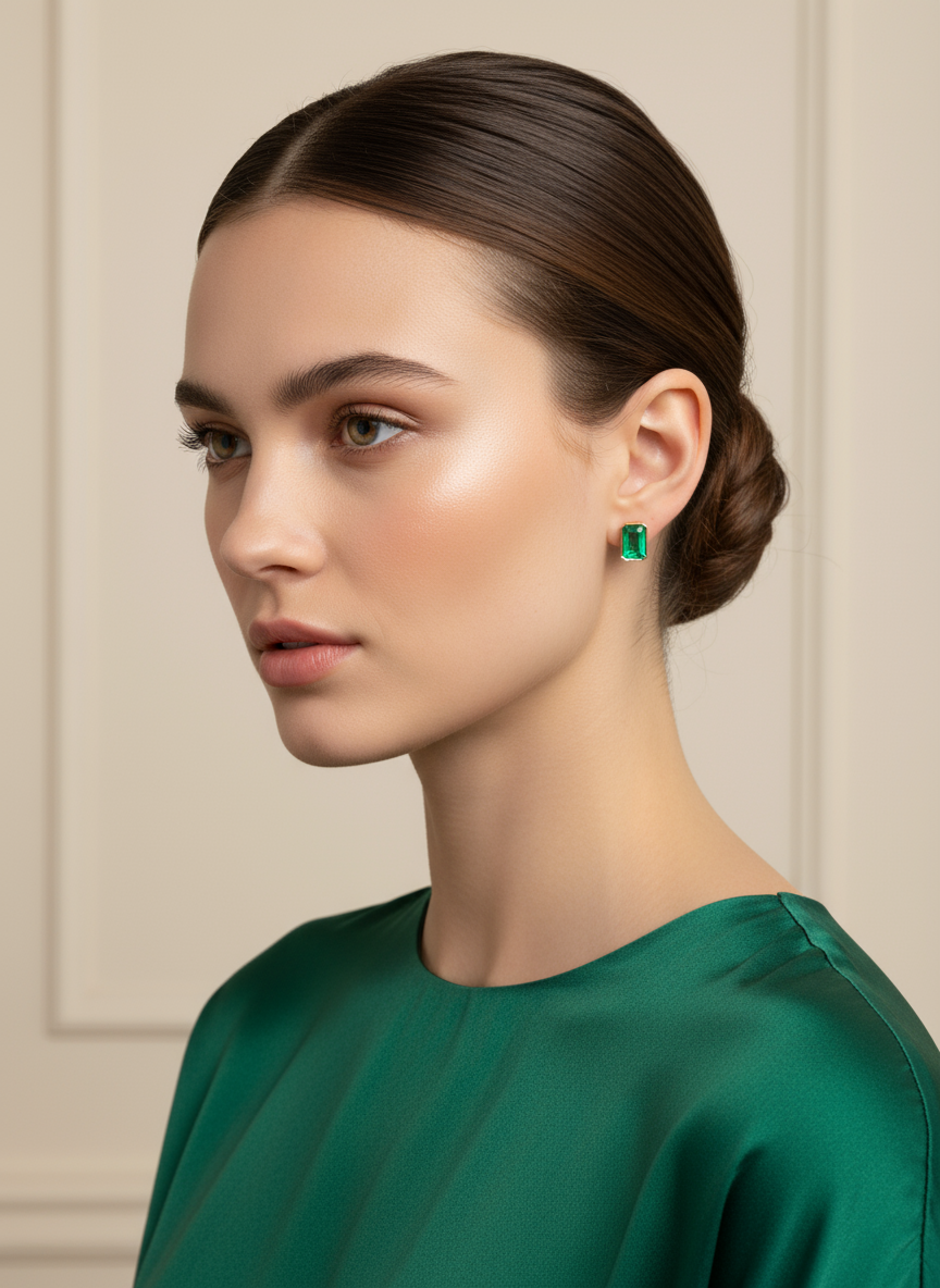 Natural Emerald Stud Earrings 18 Karat Yellow Gold