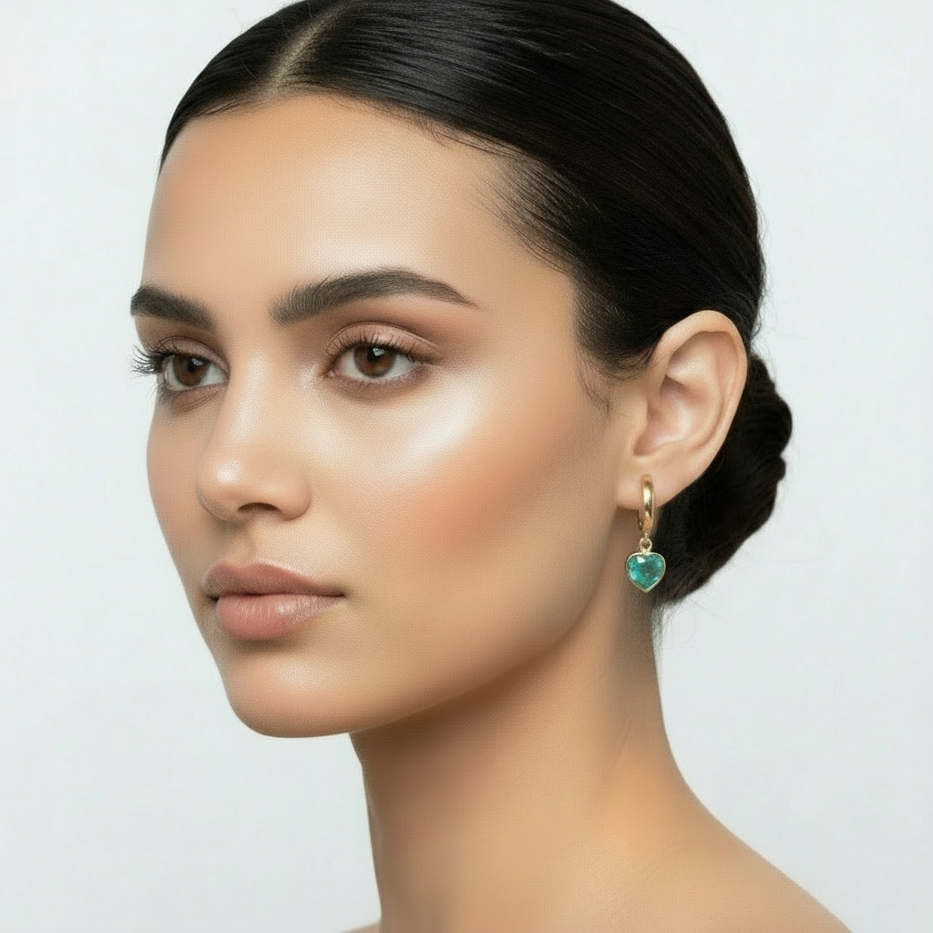 Heart Shape Colombian Emerald 18 Karat Yellow Gold Dangle Earrings