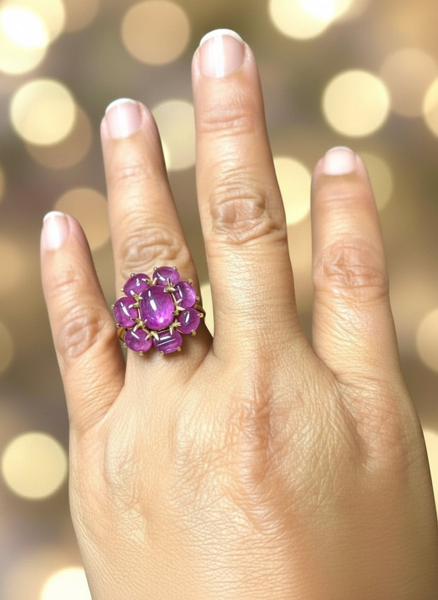 Natural Untreated Star Burmese Ruby Cluster Cocktail Ring 18K Gold
