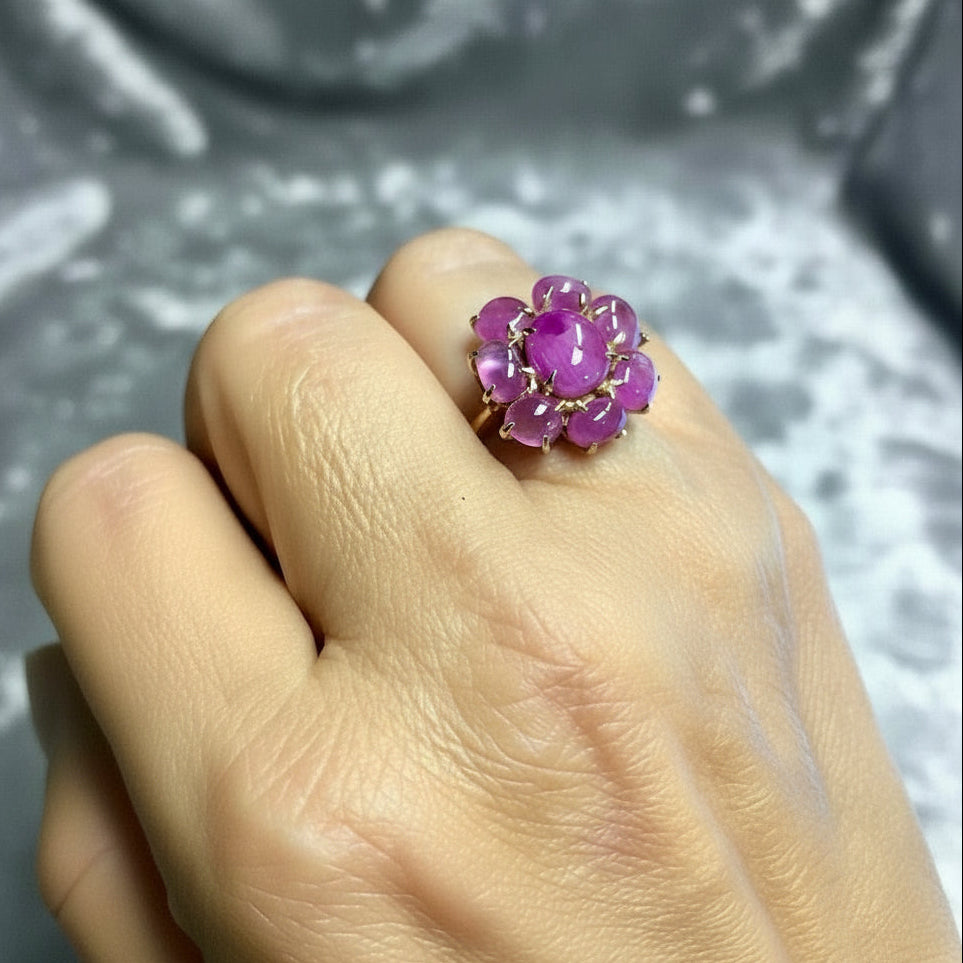 Natural Untreated Star Burmese Ruby Cluster Cocktail Ring 18K Gold