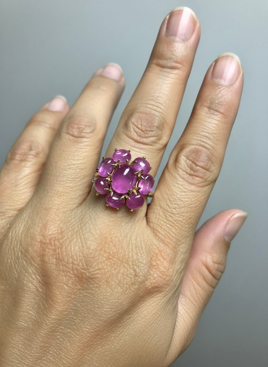 Natural Untreated Star Burmese Ruby Cluster Cocktail Ring 18K Gold