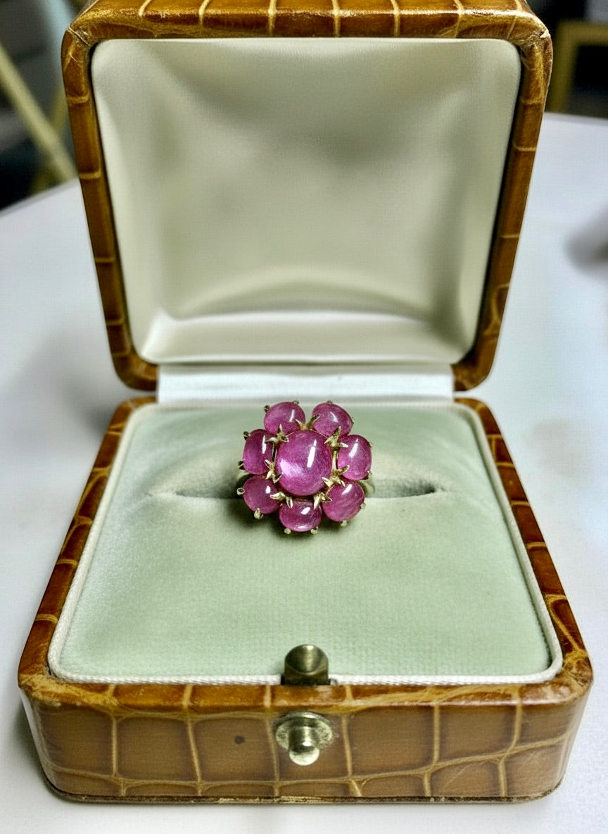 Natural Untreated Star Burmese Ruby Cluster Cocktail Ring 18K Gold