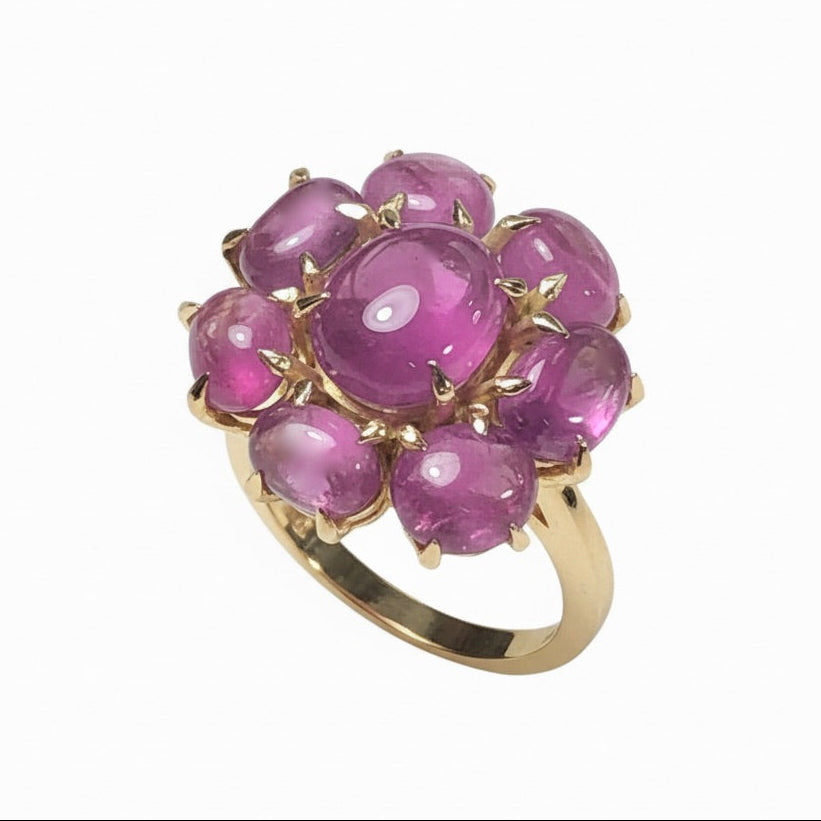 Natural Untreated Star Burmese Ruby Cluster Cocktail Ring 18K Gold