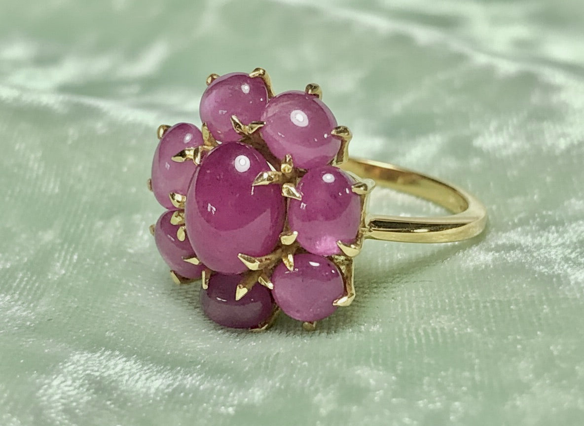 Natural Untreated Star Burmese Ruby Cluster Cocktail Ring 18K Gold
