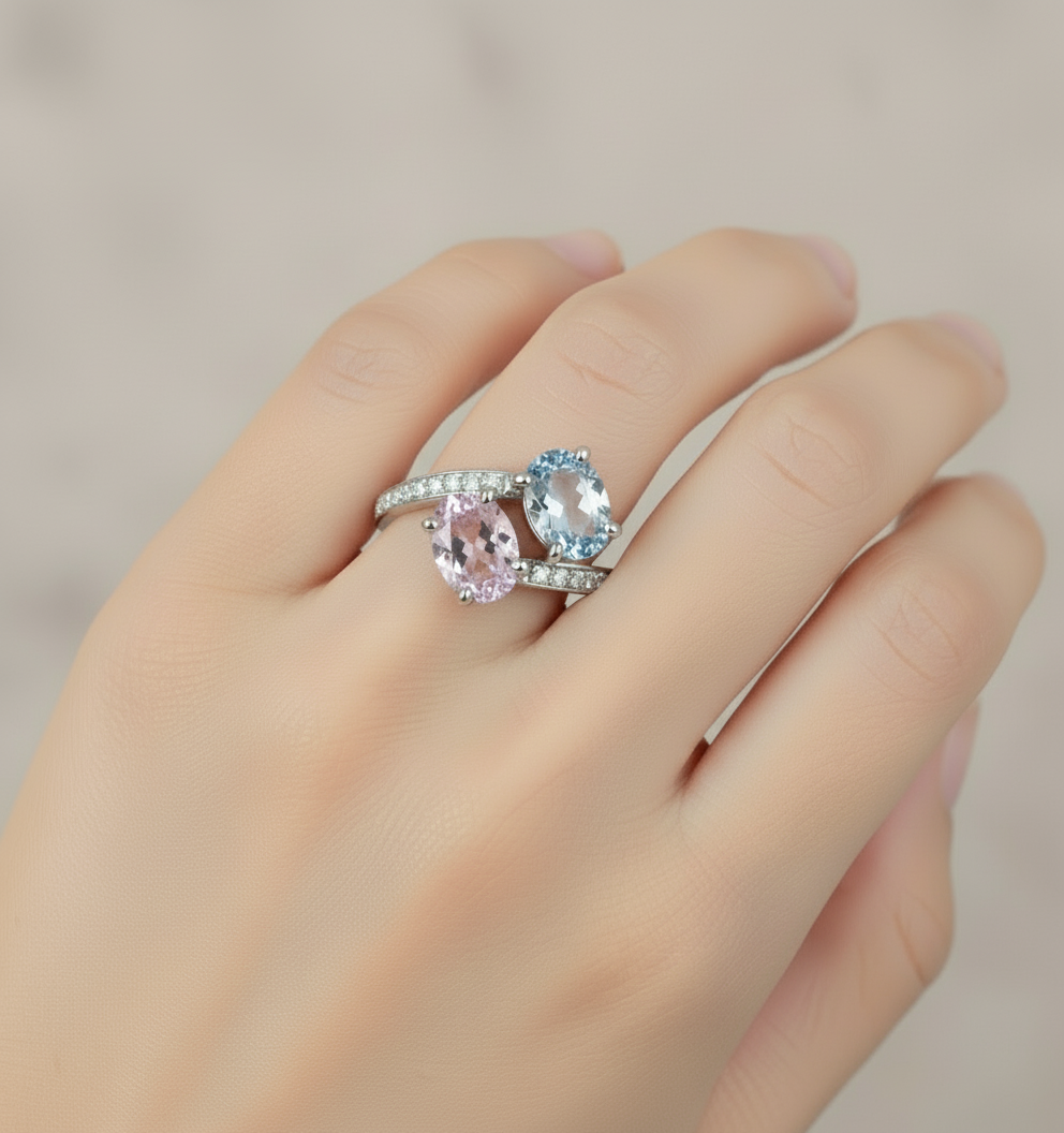 Unheated Fancy Sapphire Ring 2.76 Carat Mismatched Oval Bypass "Toi et Moi" Ring