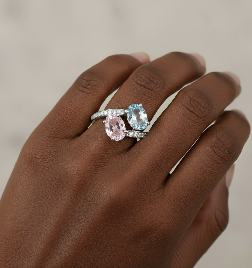 Unheated Fancy Sapphire Ring 2.76 Carat Mismatched Oval Bypass "Toi et Moi" Ring