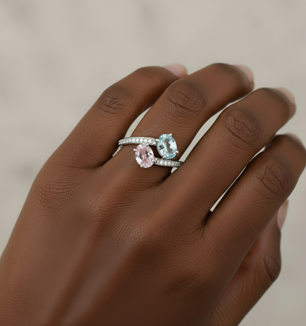 Unheated Fancy Sapphire Ring 2.76 Carat Mismatched Oval Bypass "Toi et Moi" Ring