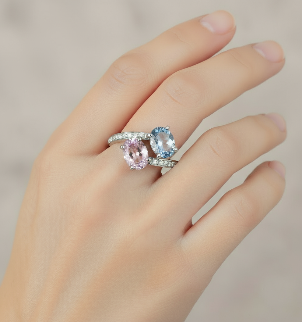 Unheated Fancy Sapphire Ring 2.76 Carat Mismatched Oval Bypass "Toi et Moi" Ring