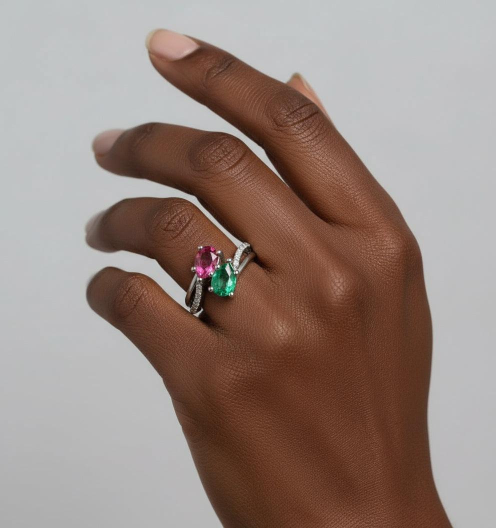 Colombian Emerald and Ruby Bypass "Toi Et Moi" Ring