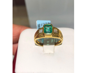 Colombian Emerald, Emerald Cut Diamond Solitaire Vintage Ring