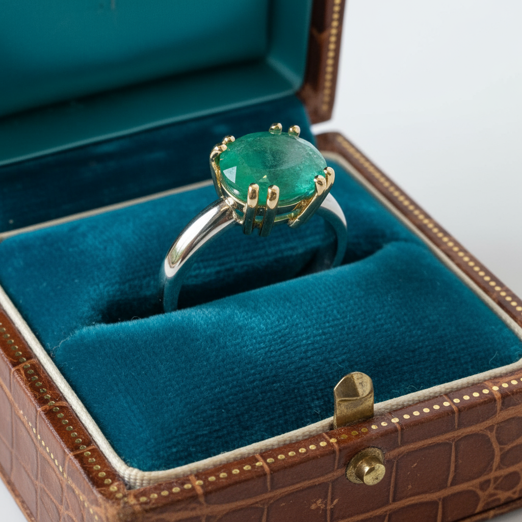 Solitaire Ring Natural Colombian Emerald Gold 18K