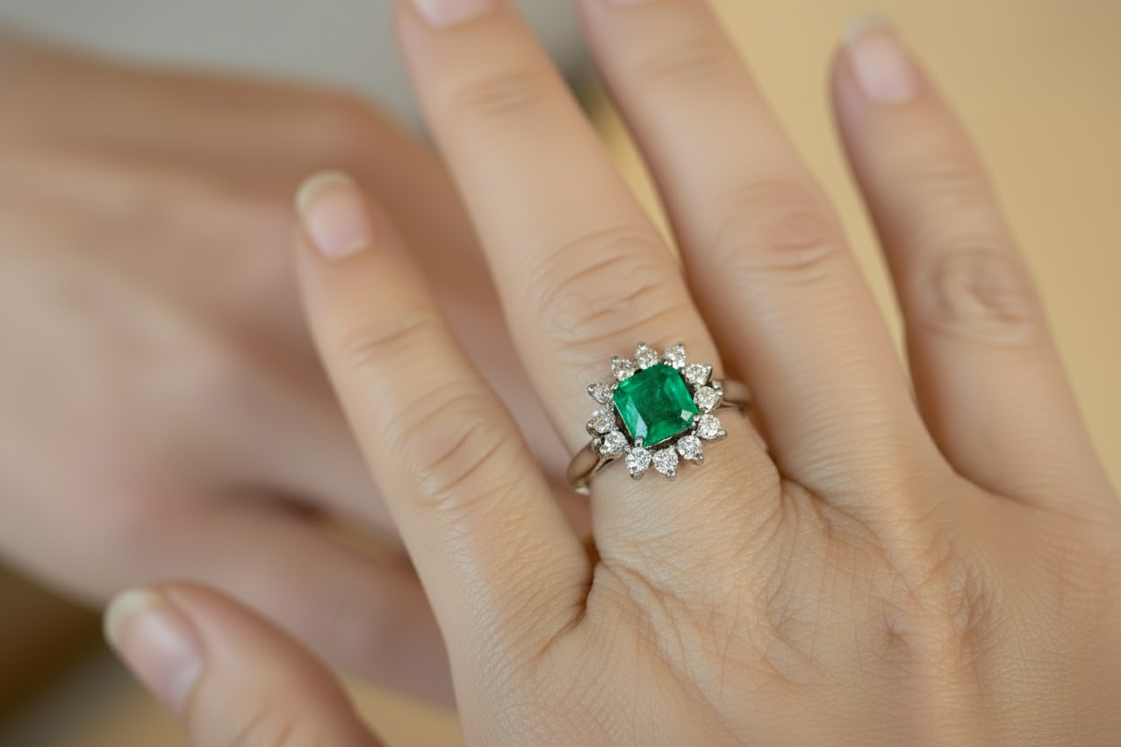 Natural Fine Colombian Square Emerald Diamond Engagement Ring 18K