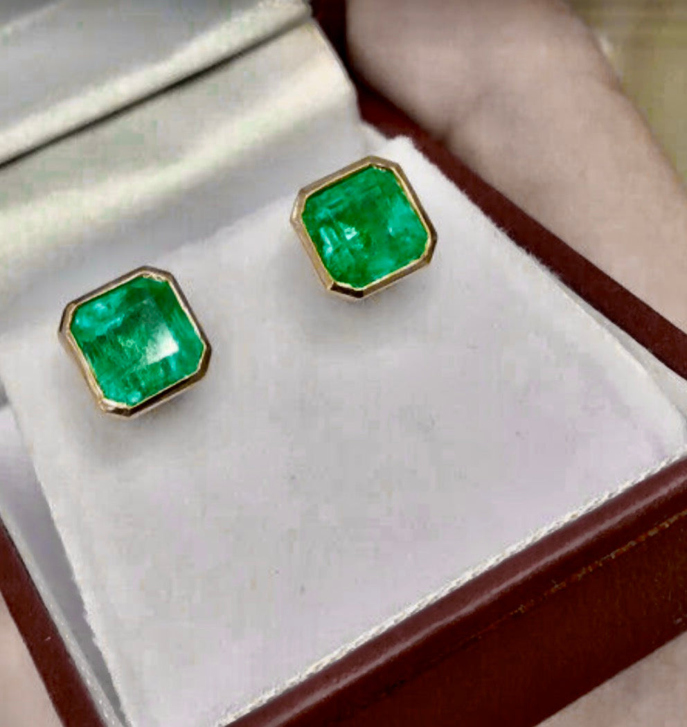 3.60 Carat Natural Colombian Emerald Square Stud Earrings 18 Karat Gold