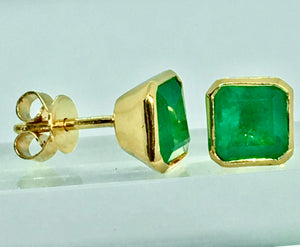 3.60 Carat Natural Colombian Emerald Square Stud Earrings 18 Karat Gold