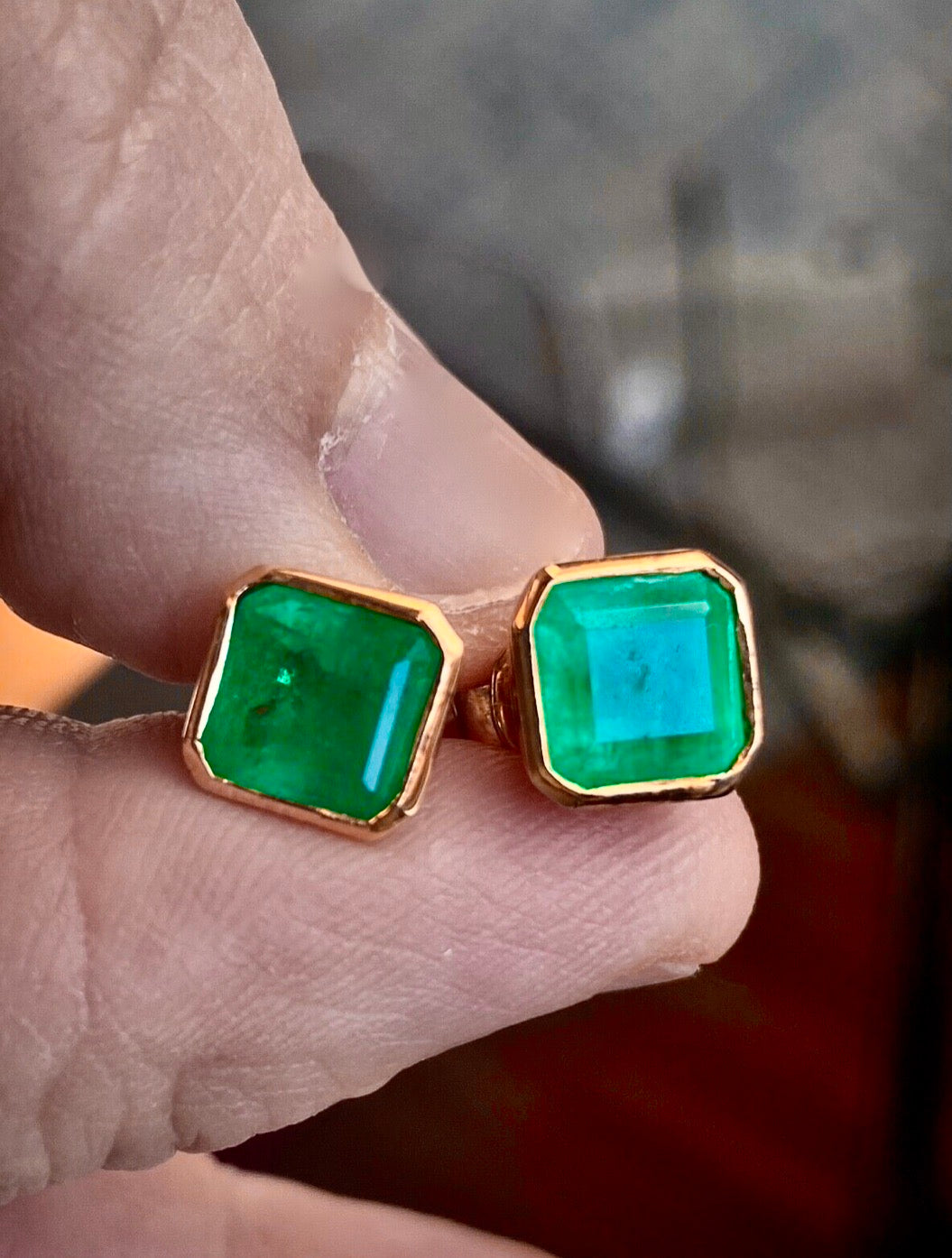 3.60 Carat Natural Colombian Emerald Square Stud Earrings 18 Karat Gold