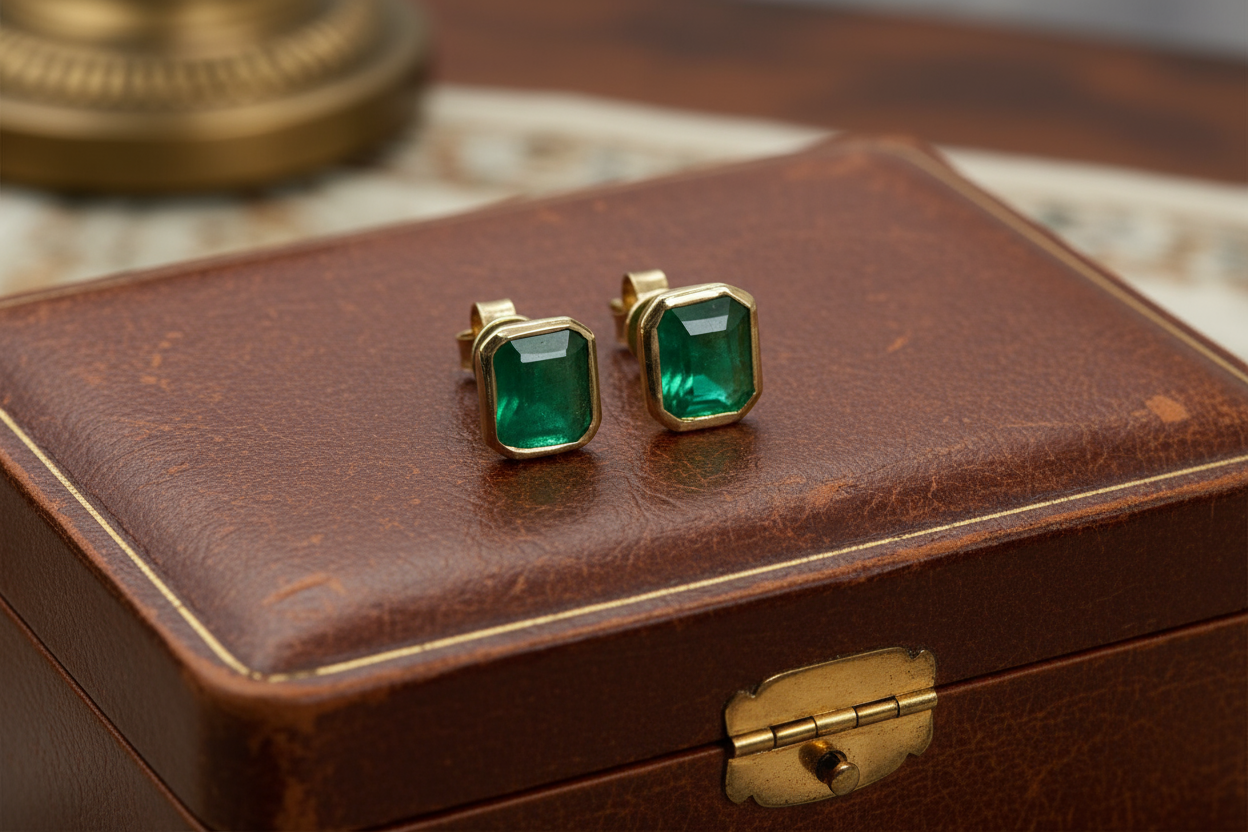 4.00 Carats Fine Colombian Emerald Stud Earrings Bezel 18K Gold