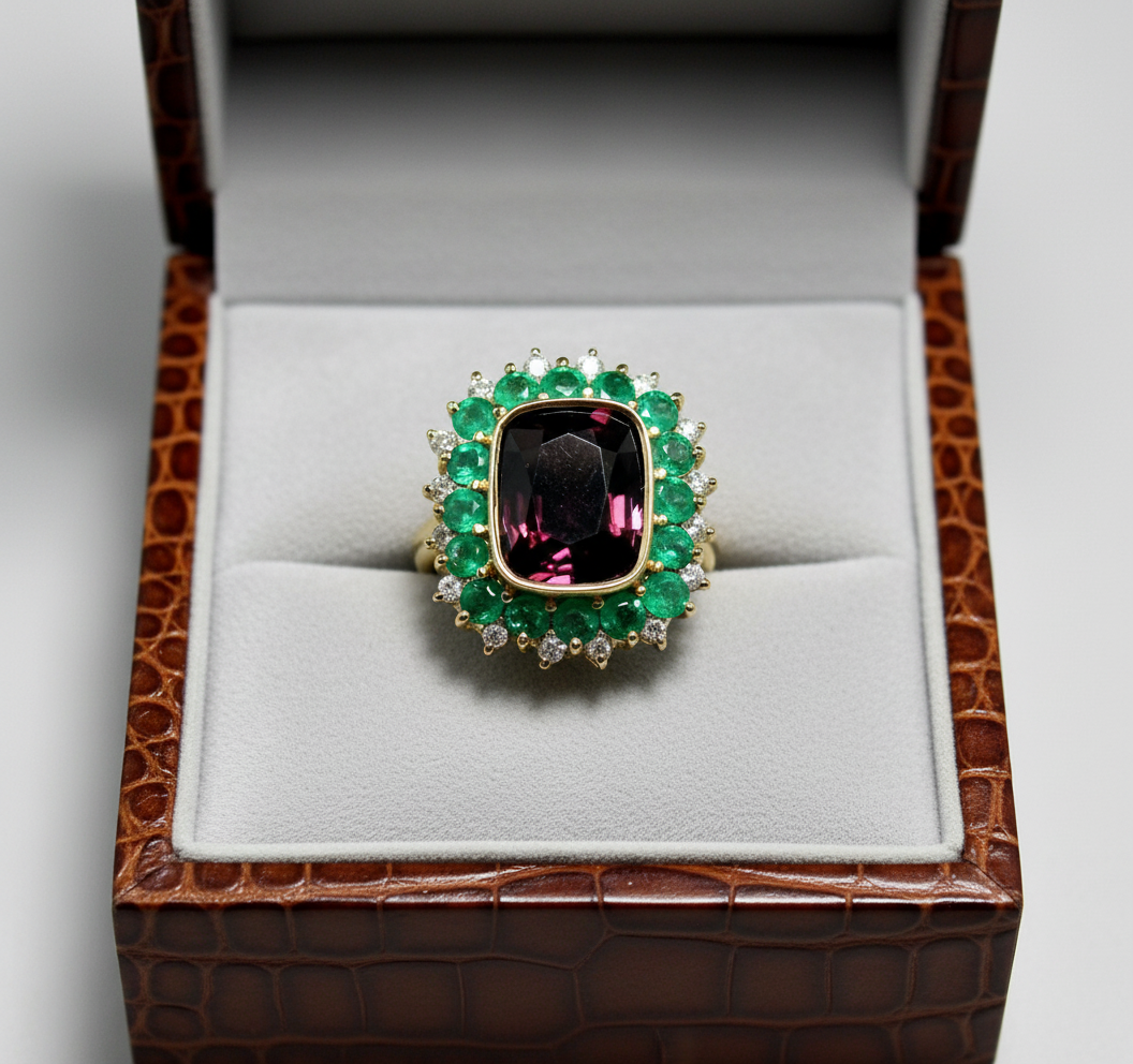7.55 Carats Fine Spinel, AAA Colombian Emerald and Diamond Cocktail Ring 18K Gold