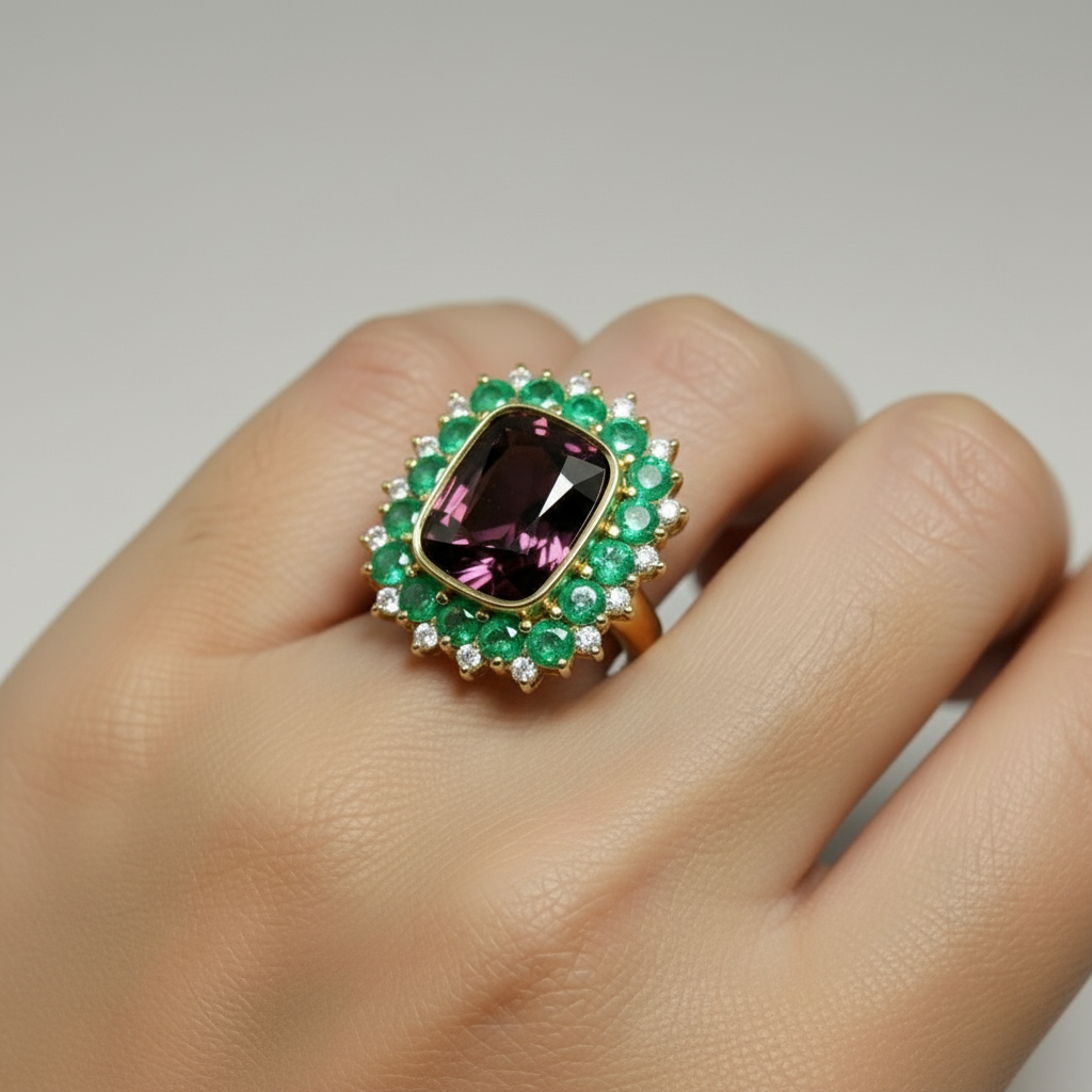 7.55 Carats Fine Spinel, AAA Colombian Emerald and Diamond Cocktail Ring 18K Gold