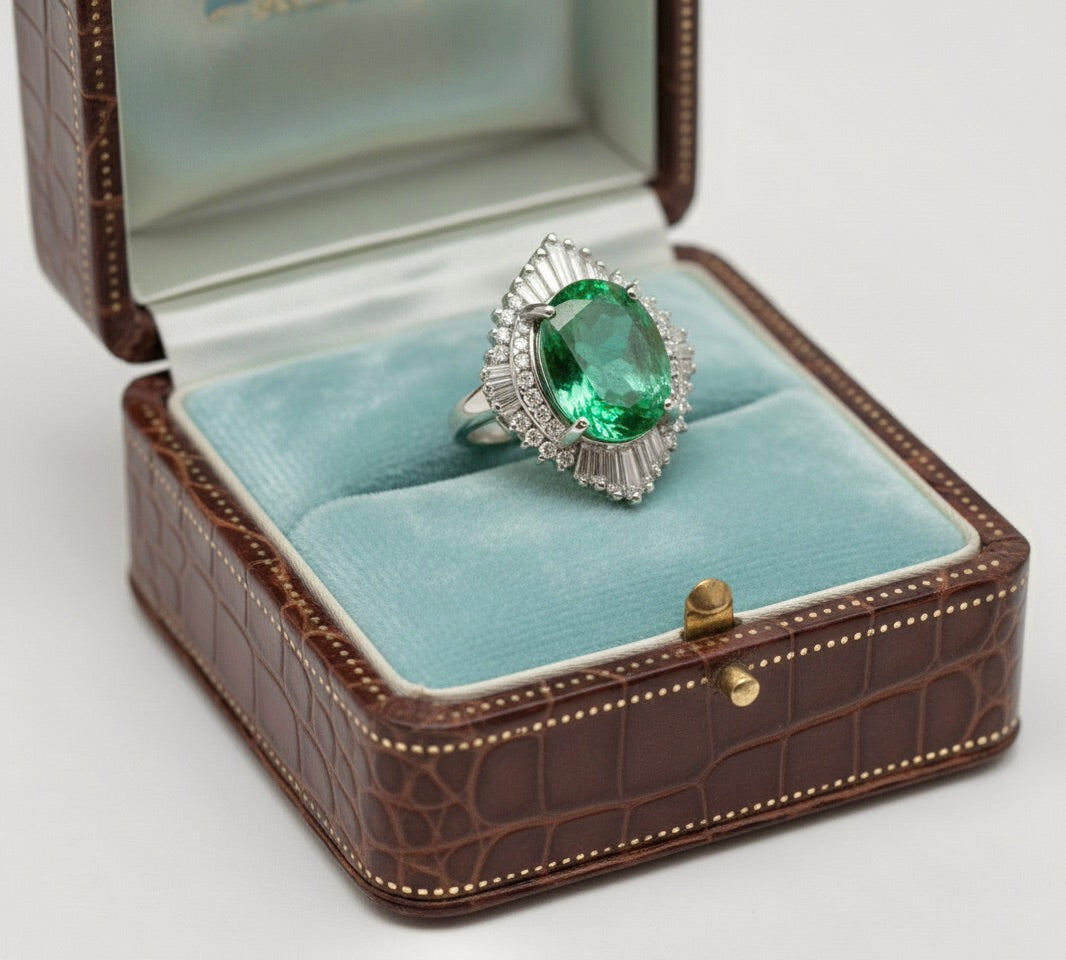Vintage Extra Fine Colombian Emerald & Diamond Engagement Platinum Ring