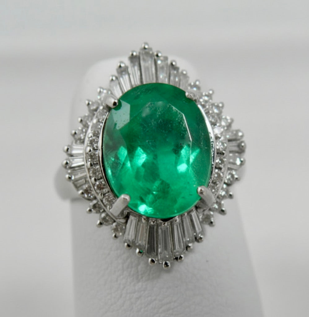 Vintage Extra Fine Colombian Emerald & Diamond Engagement Platinum Ring