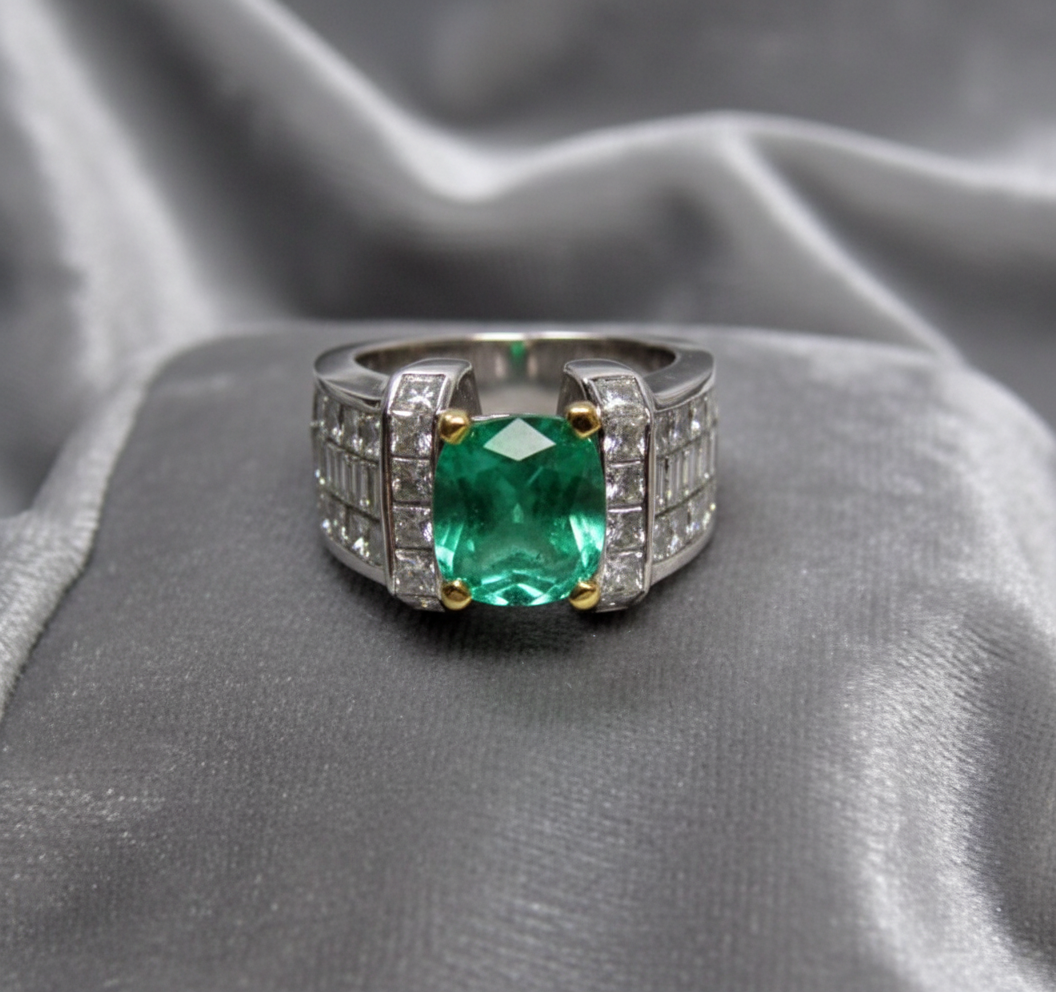7.56ct Fine Natural Colombian Emerald Diamond Ring Unisex 18K