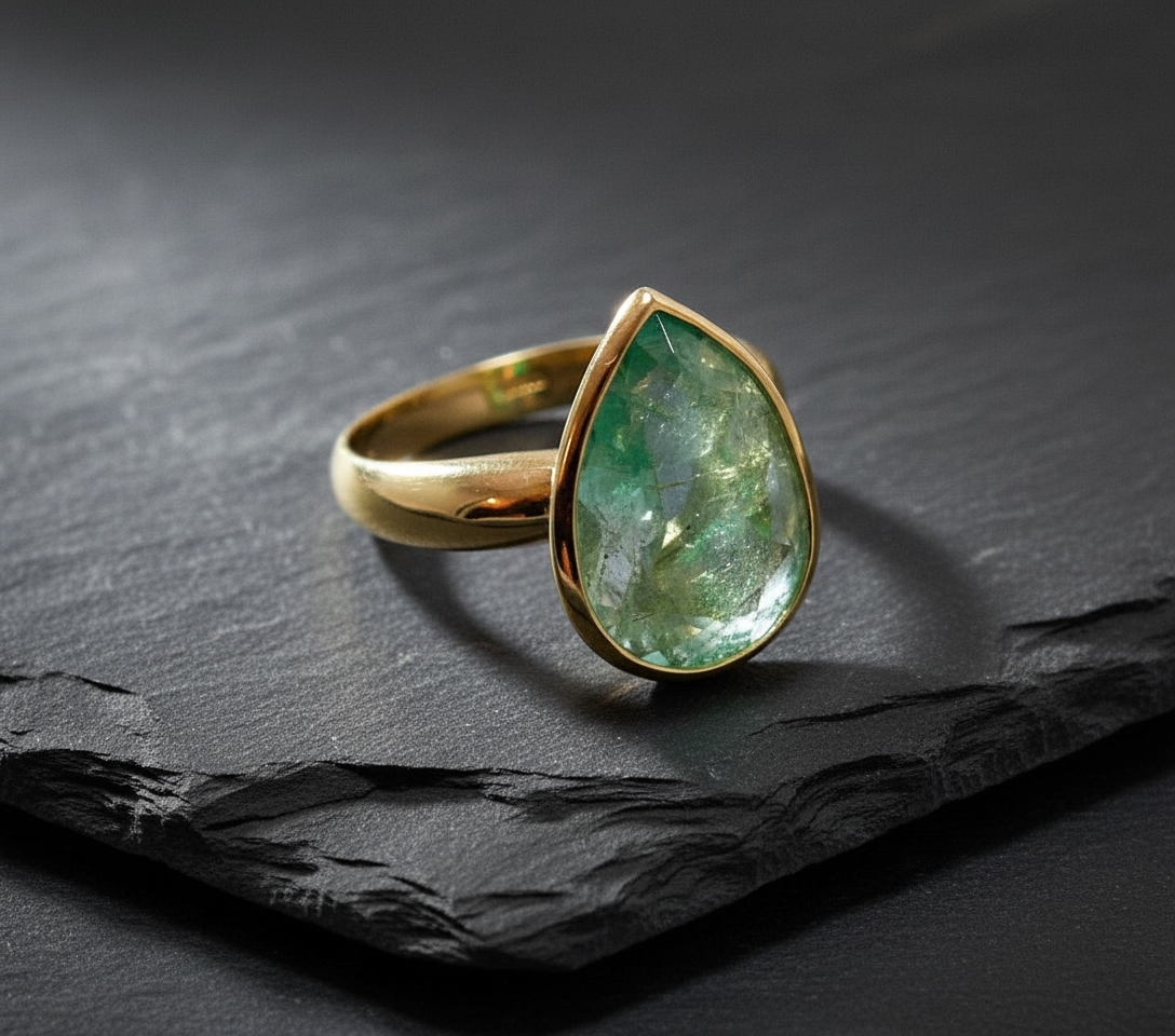 4.50cts Pear Cut 100% Natural Light Green Colombian Emerald Solitaire Ring 18K