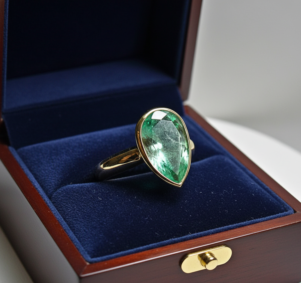 4.50cts Pear Cut 100% Natural Light Green Colombian Emerald Solitaire Ring 18K