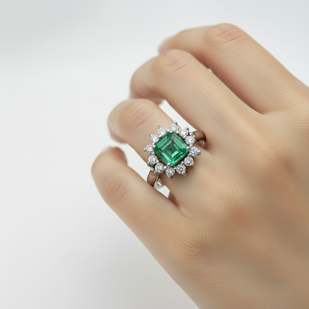 Natural Fine Colombian Square Emerald Diamond Engagement Ring 18K