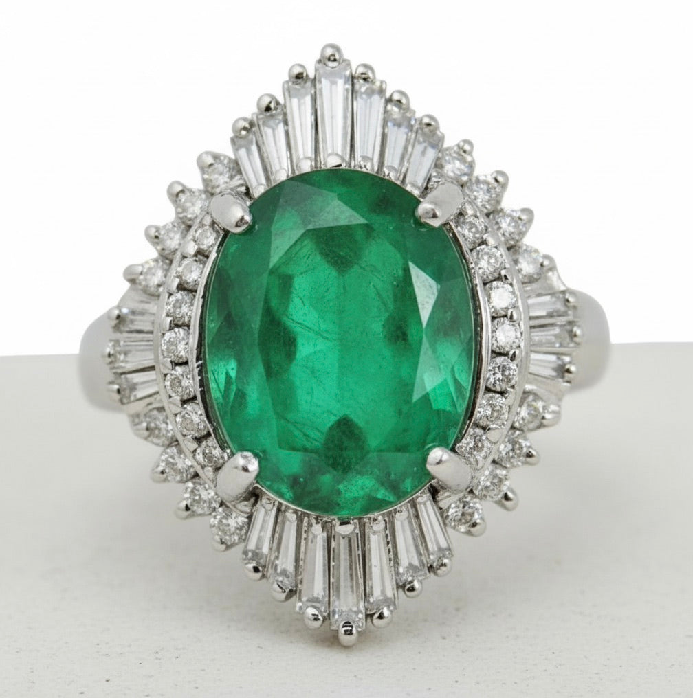 Vintage Extra Fine Colombian Emerald & Diamond Engagement Platinum Ring