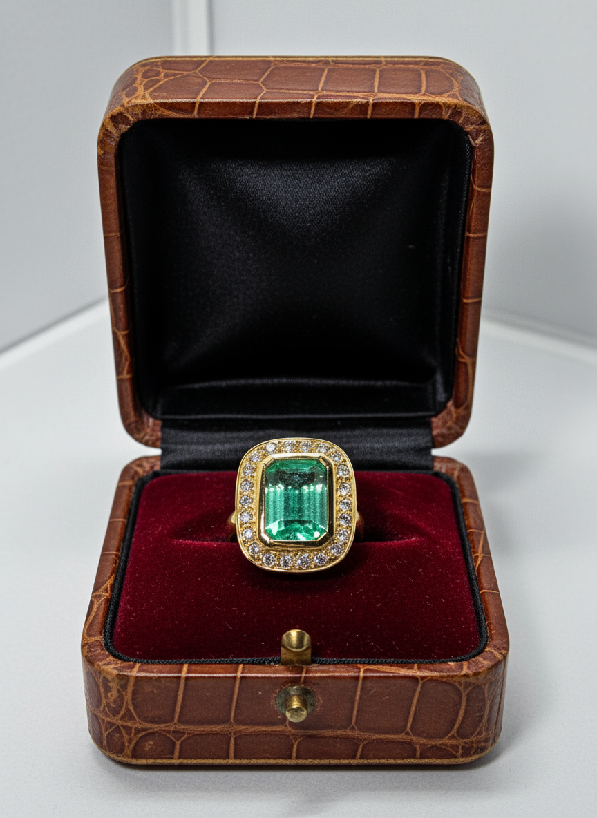 4.40 Carat Emerald Cut Colombian Emerald Diamond Ring 18k