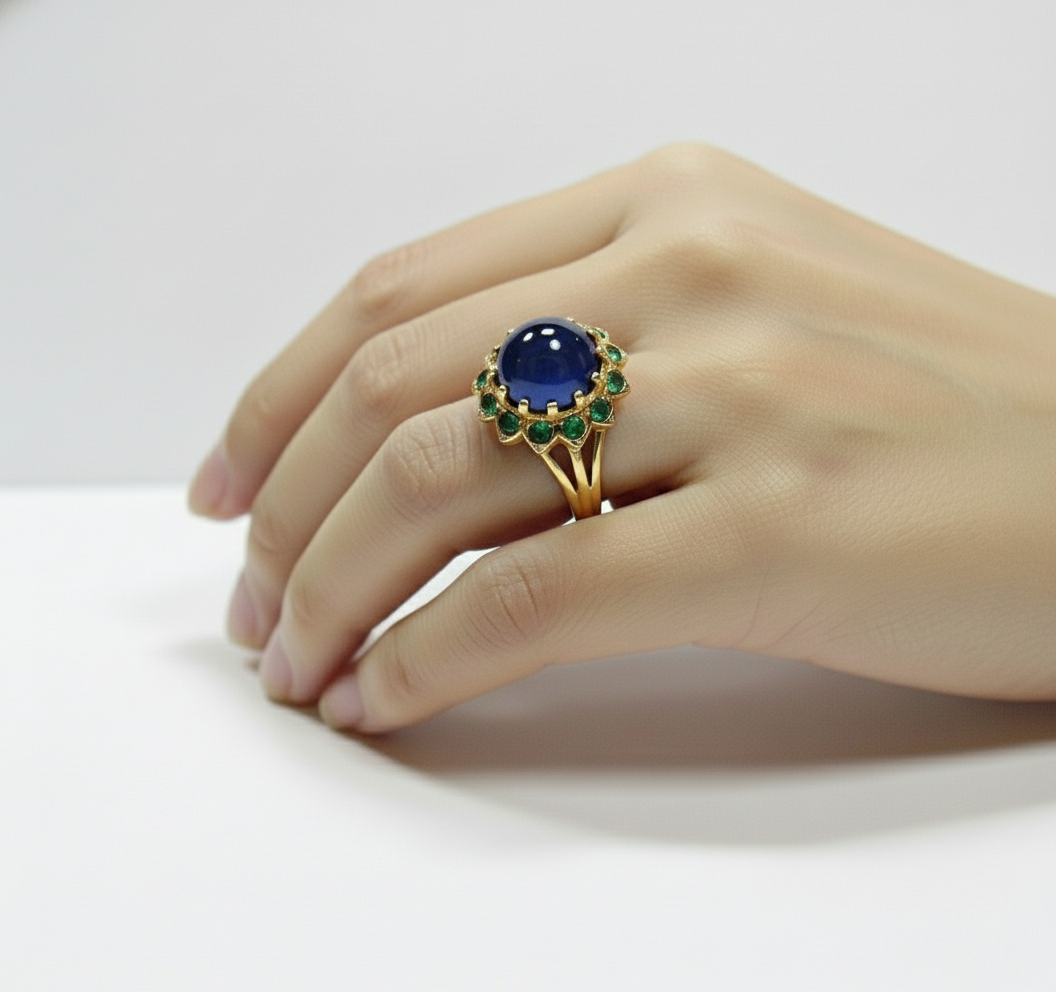 9.00 Carat Cabochon Cut Blue Sapphire Emerald Ring 18k