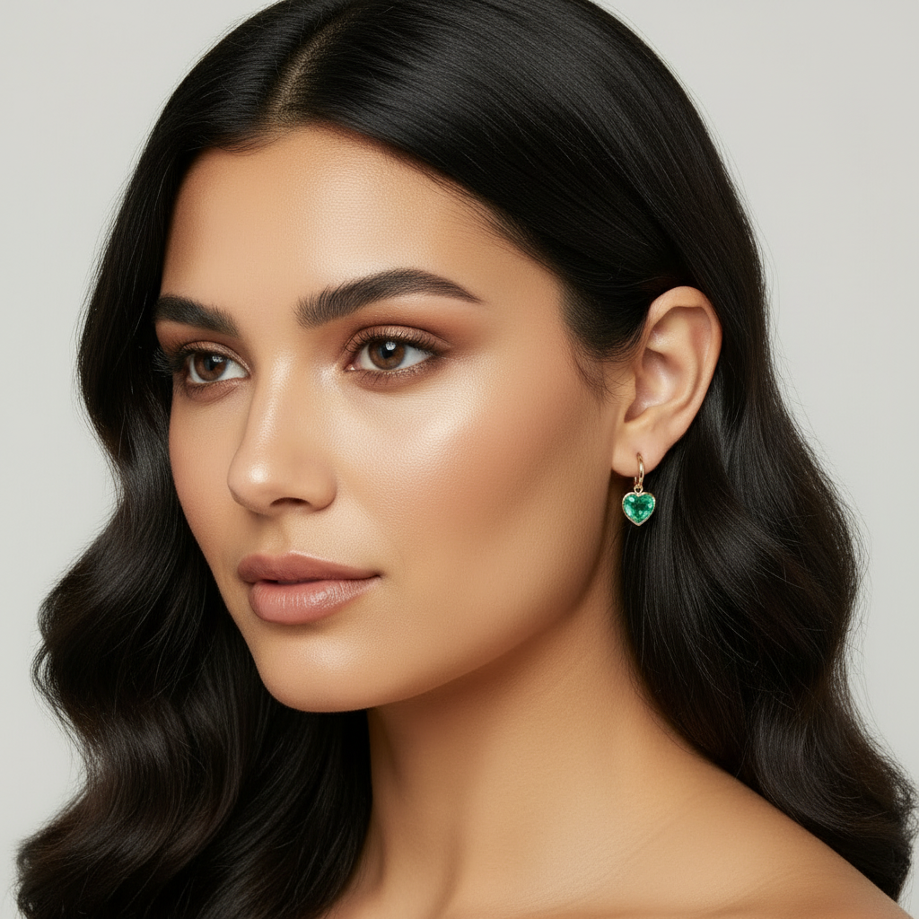 Heart Shape Colombian Emerald 18 Karat Yellow Gold Dangle Earrings